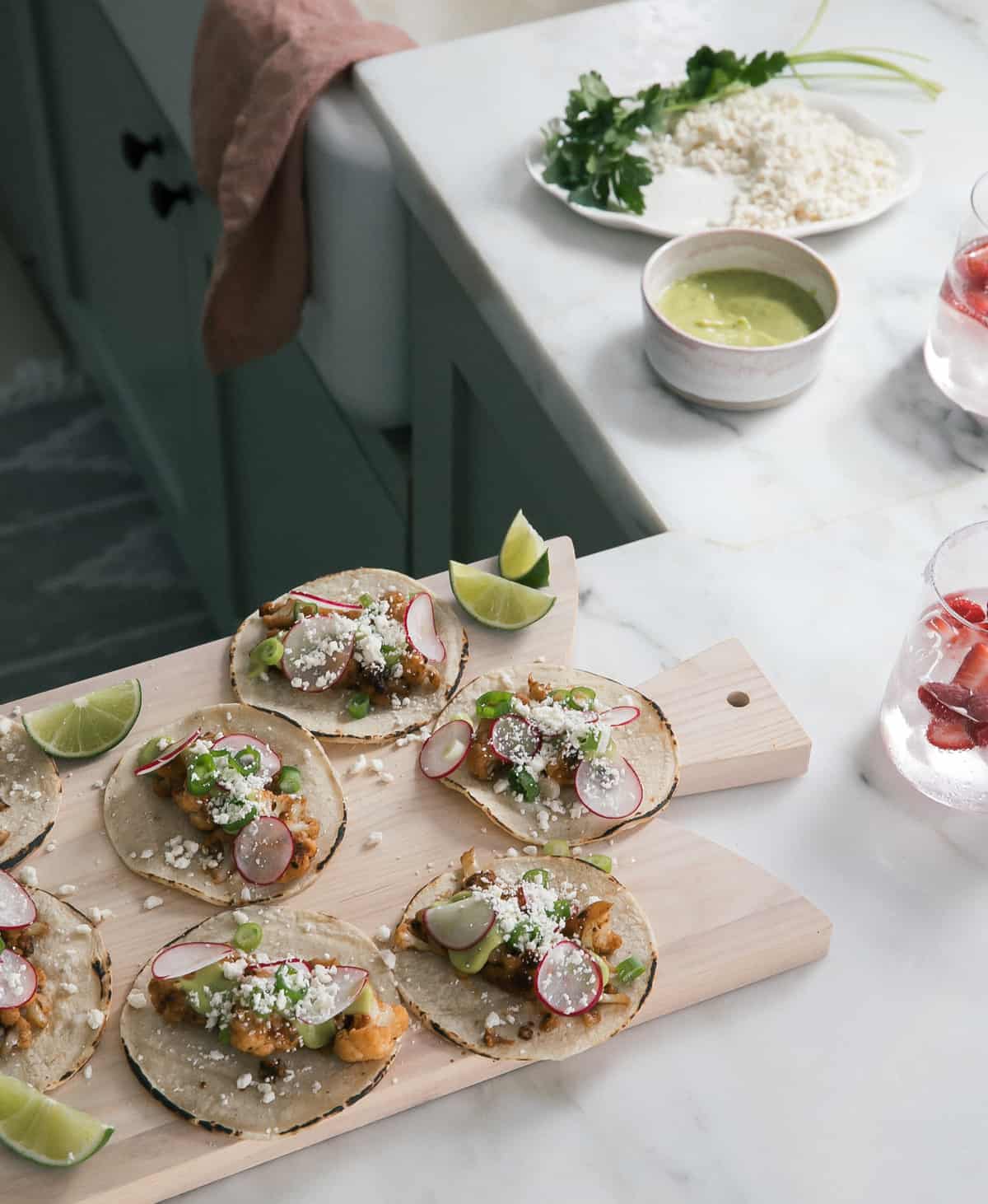 Cauliflower Tacos on cutting board.