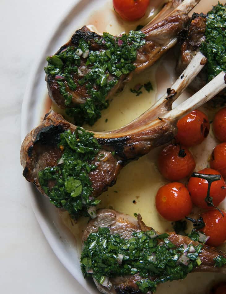 Lamb Chops overhead with tomatoes