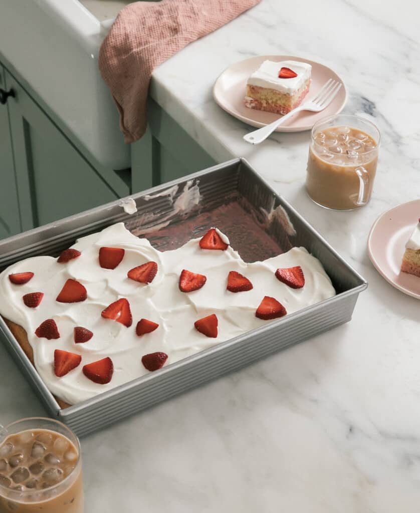 Strawberry Tres Leches Cake on counter