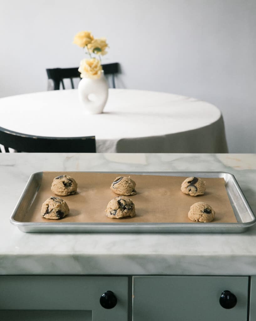 Dough on a baking sheet. 