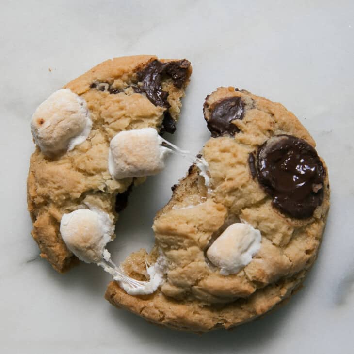 Overhead shot of S'mores Cookies being gooey