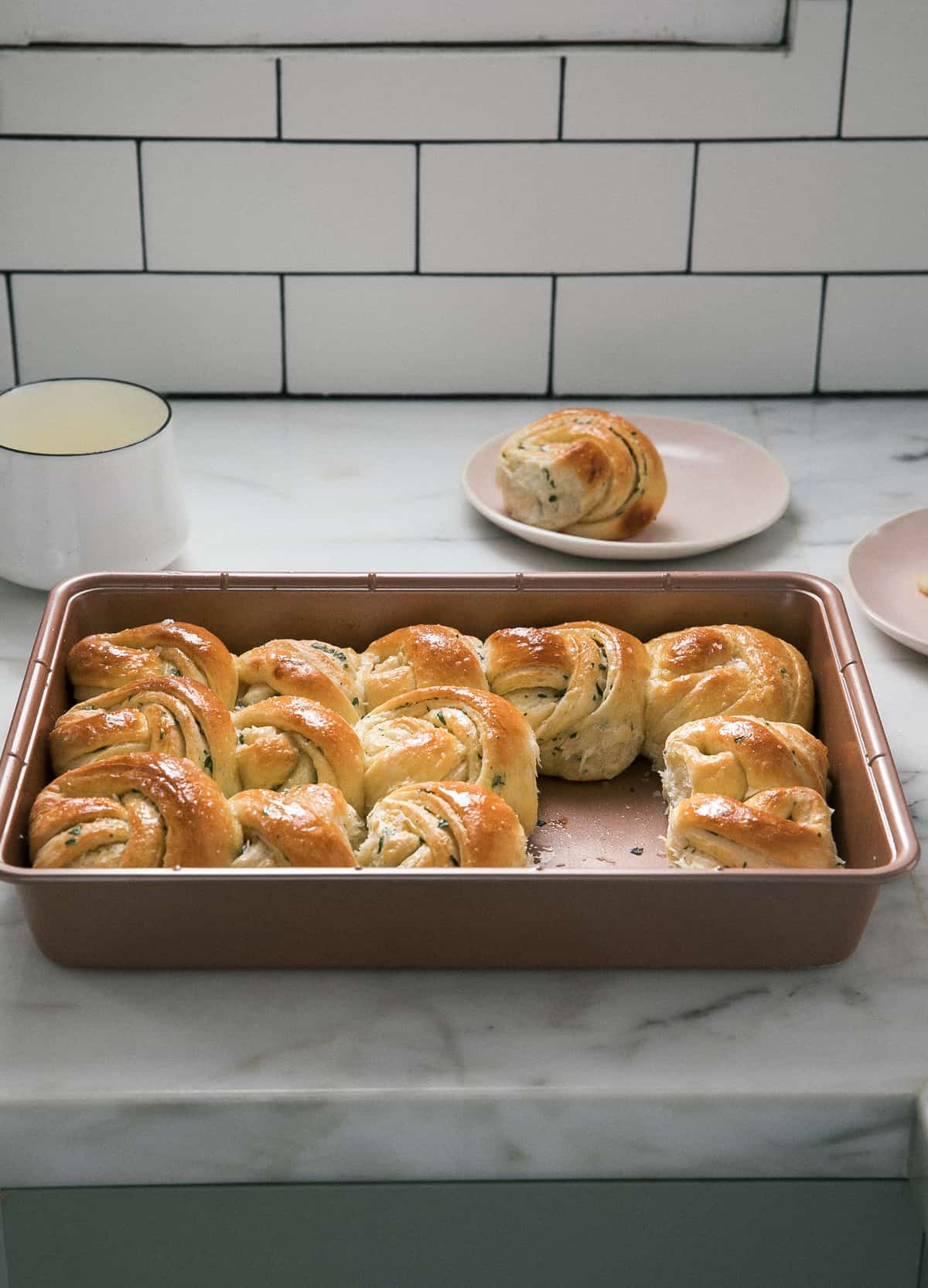 Garlic Dinner Rolls in pan.