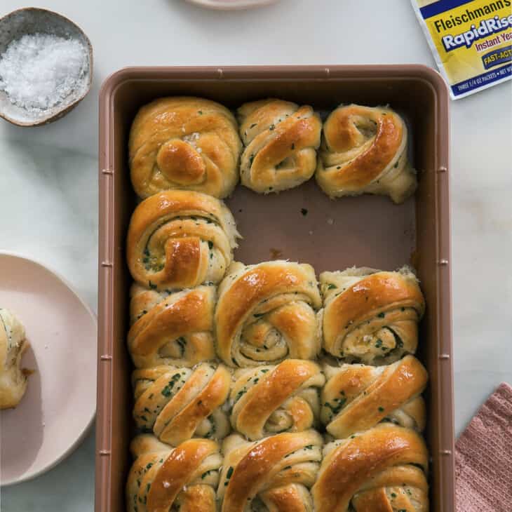 Garlic Twist Rolls in pan overhead