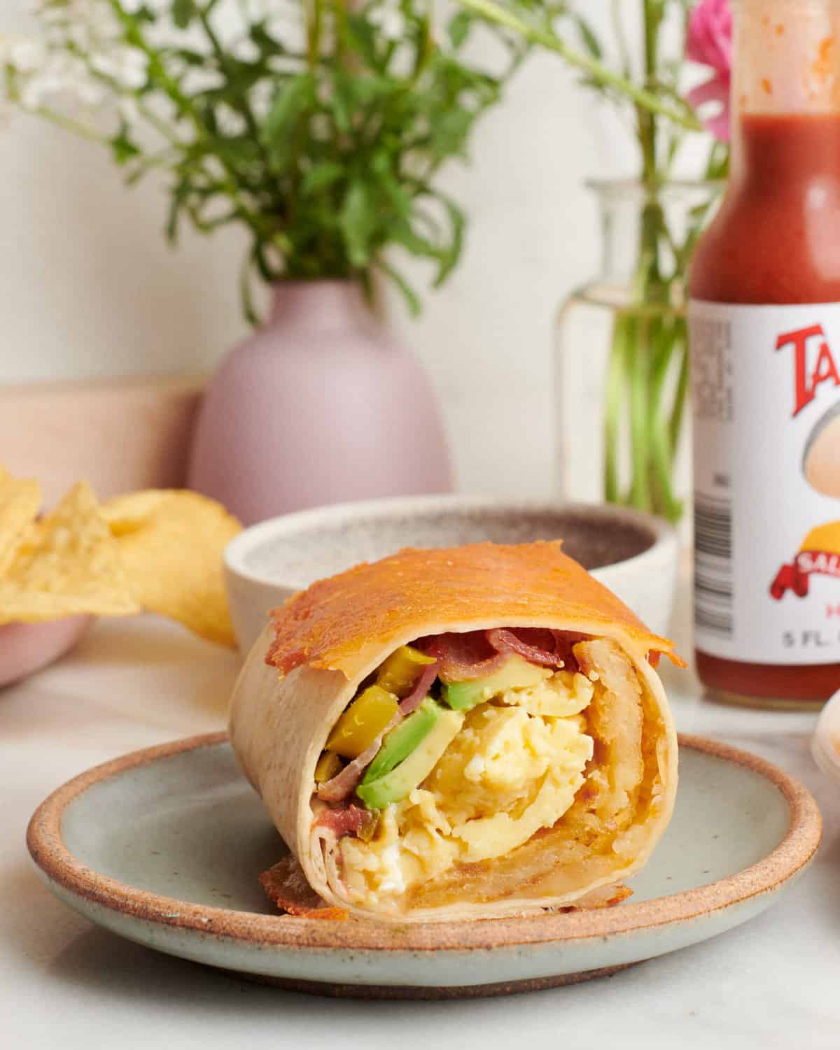 breakfast burritos with crispy cheese skirt, sliced