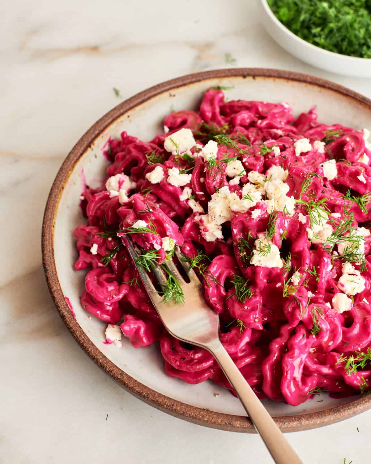 roasted beet and feta pasta with fork