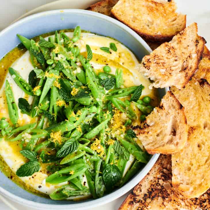 whipped feta and sugar snap peas