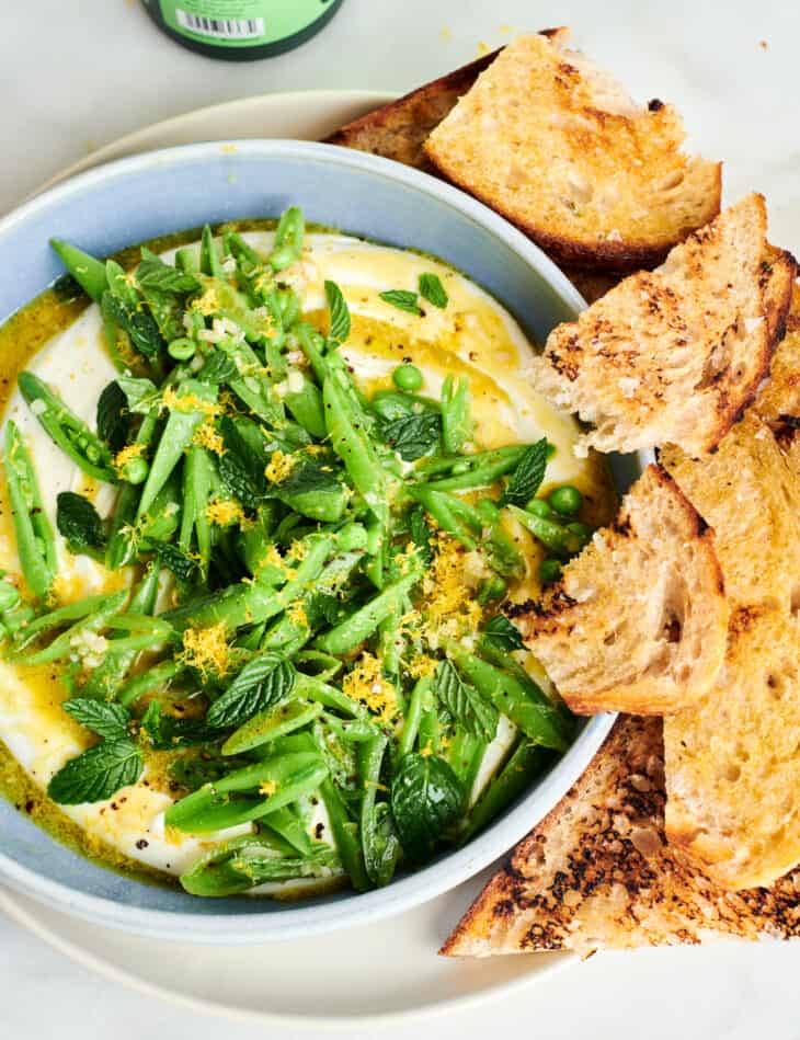 whipped feta and sugar snap peas