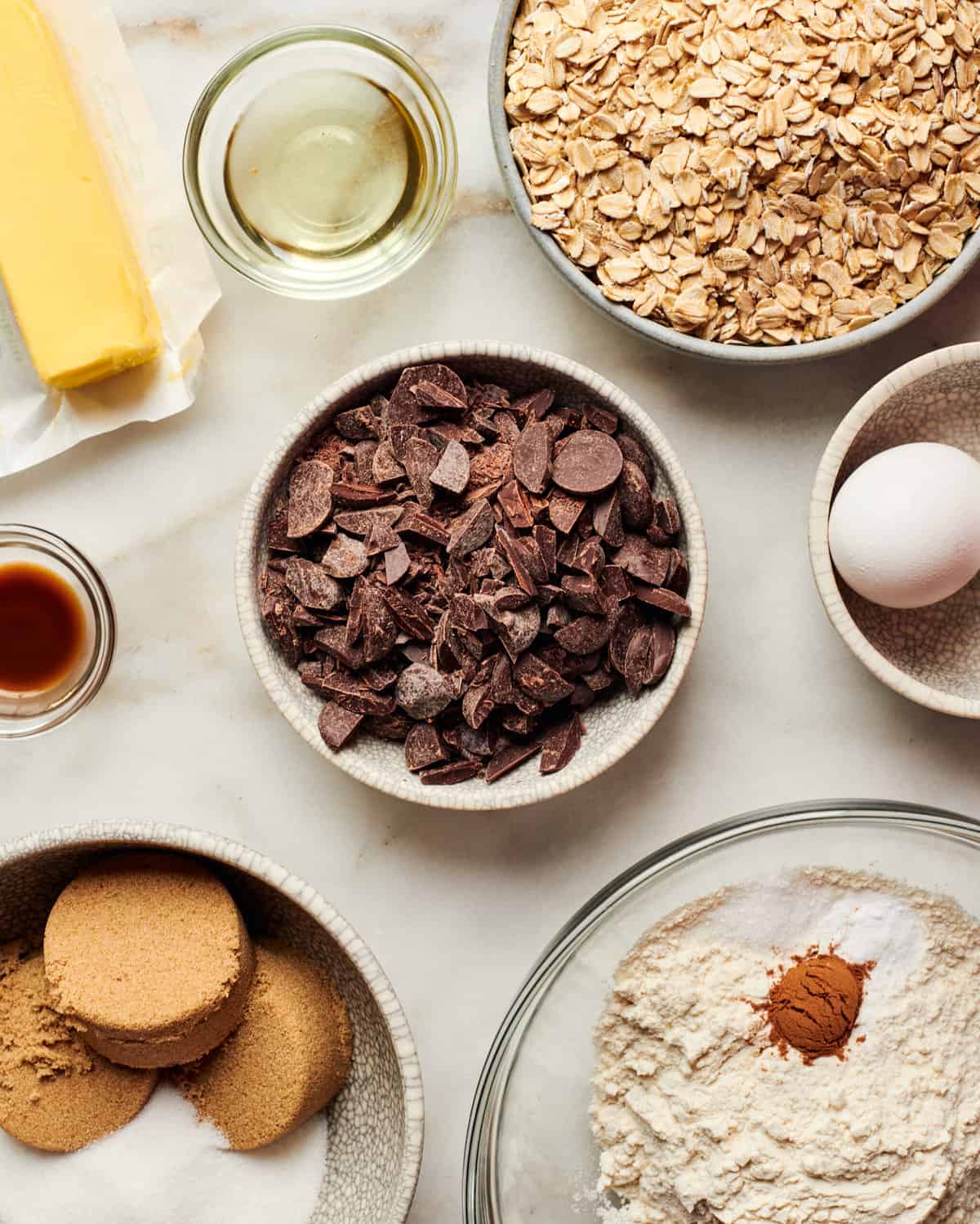 Ingredients in bowls all laid out on counter. 