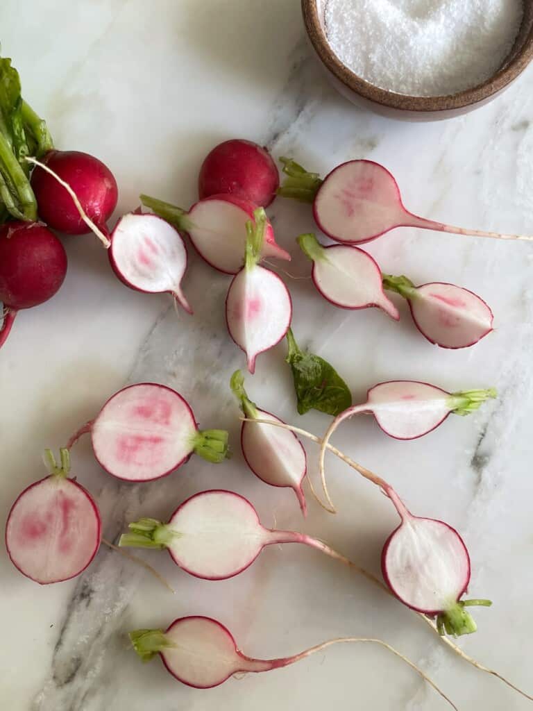 Radishes on a counter. 
