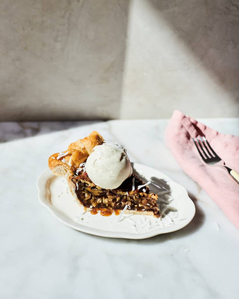 Slice of Chocolate Coconut Pecan Pie.