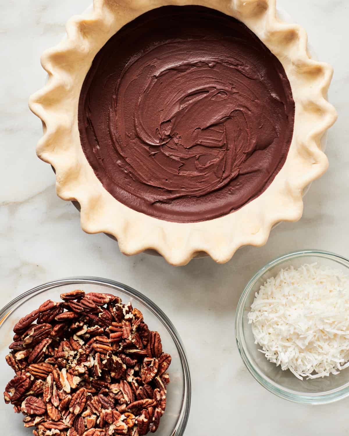Filling Chocolate Coconut Pecan Pie.