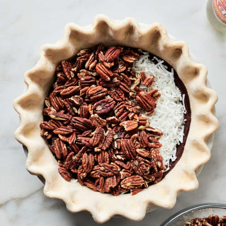 Layering Filling in Chocolate Coconut Pecan Pie