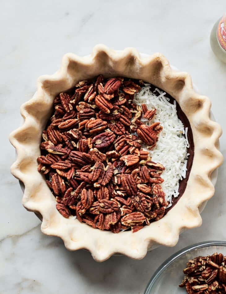 Layering Filling in Chocolate Coconut Pecan Pie