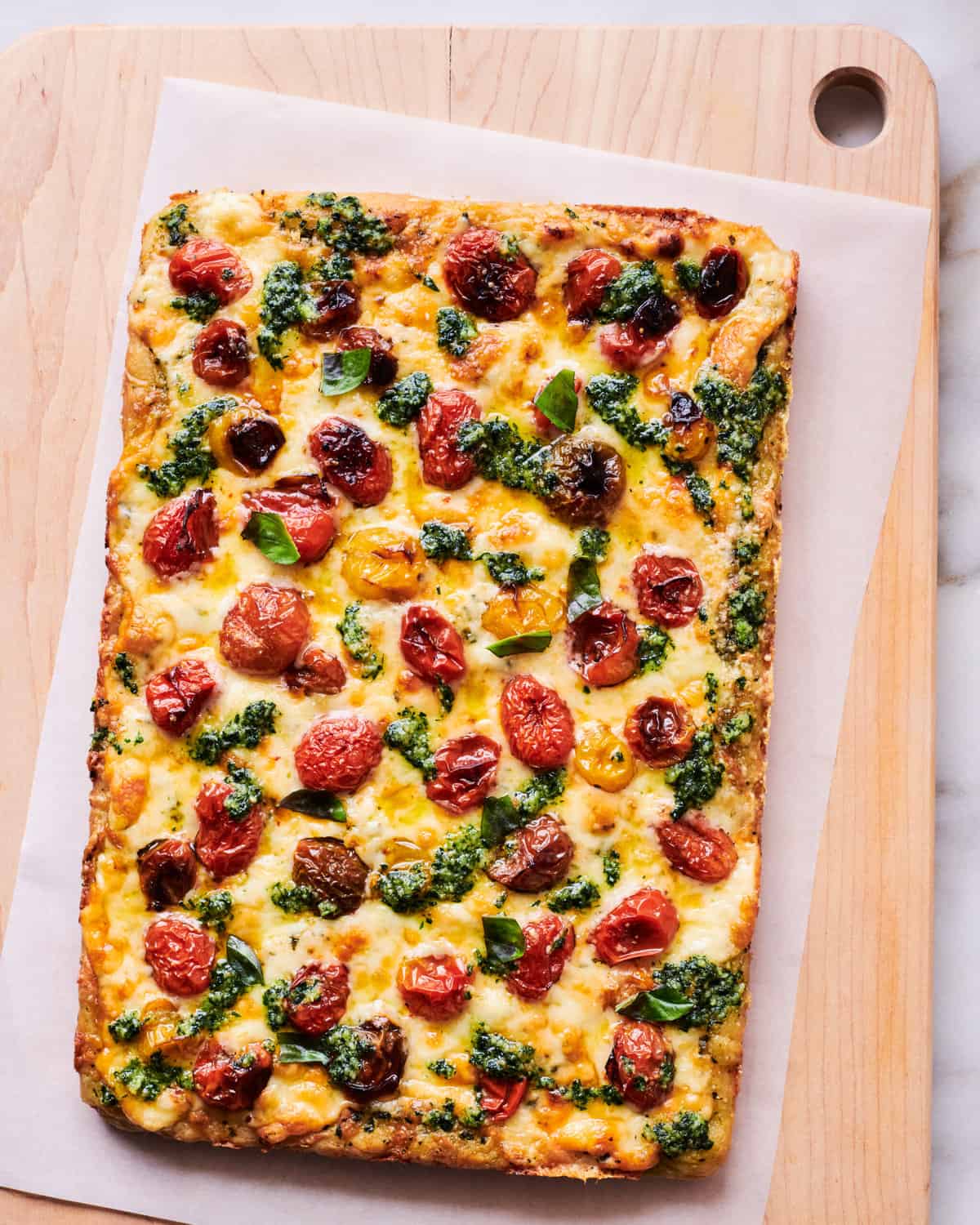 Pesto Tomato Detroit-Style Pizza. 