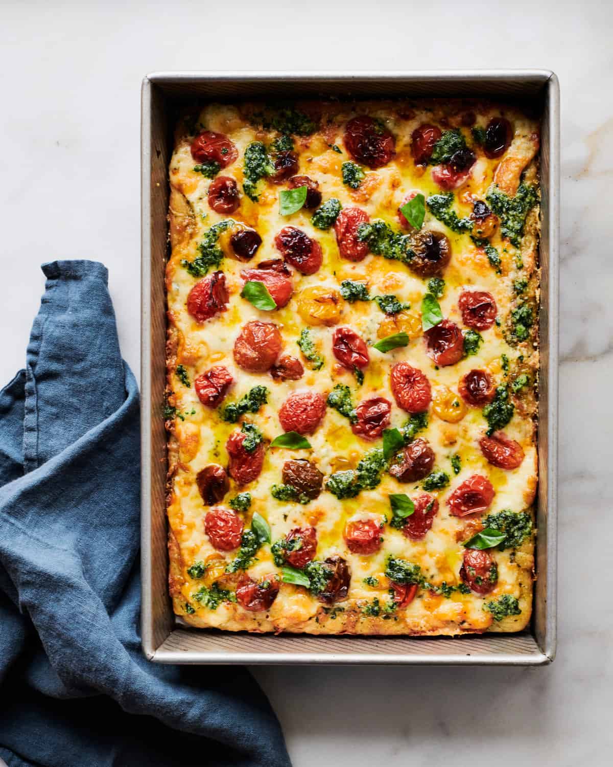 Pesto Tomato Detroit-Style Pizza in Pan.