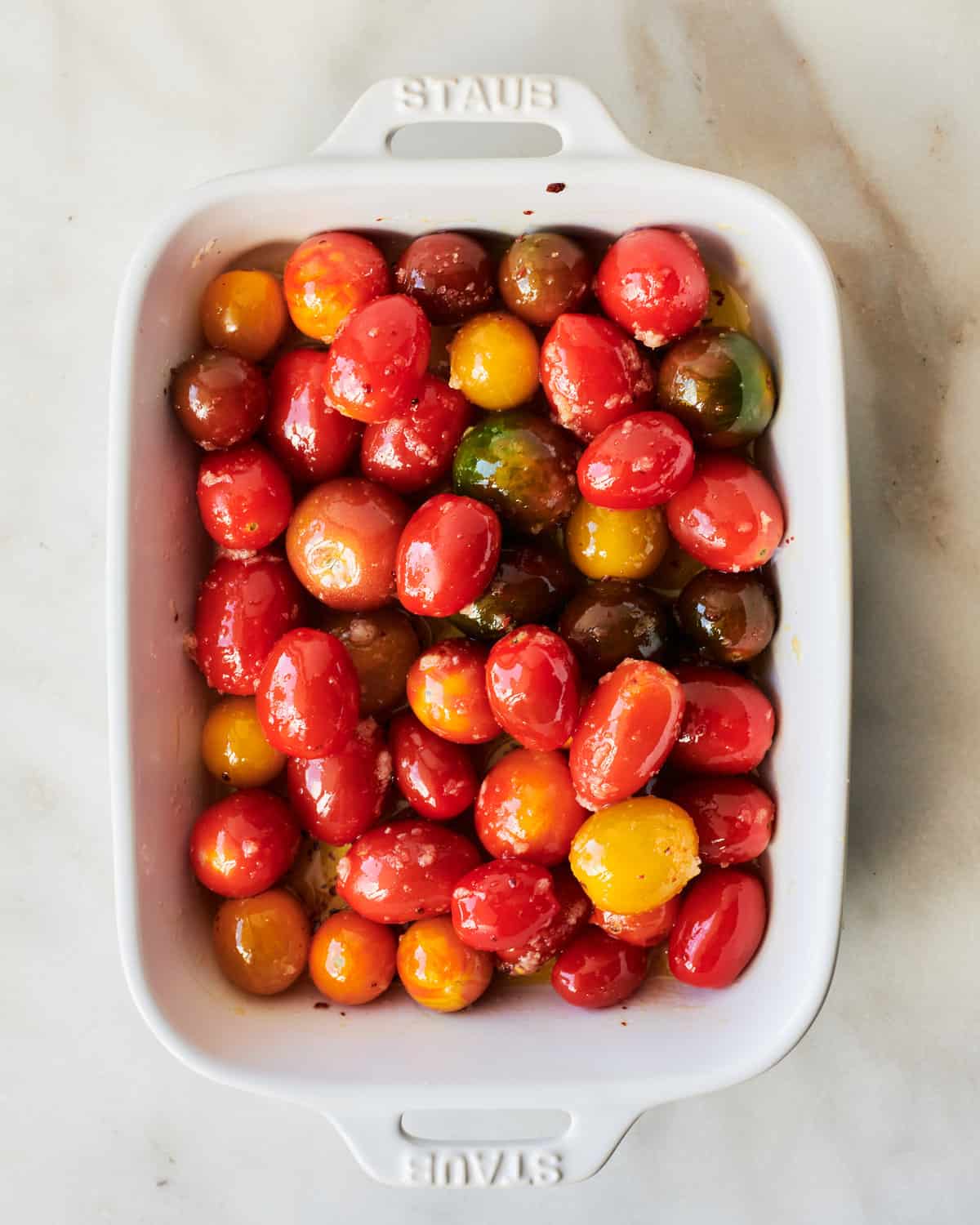 Slow-Roasted Tomatoes in casserole dish. 