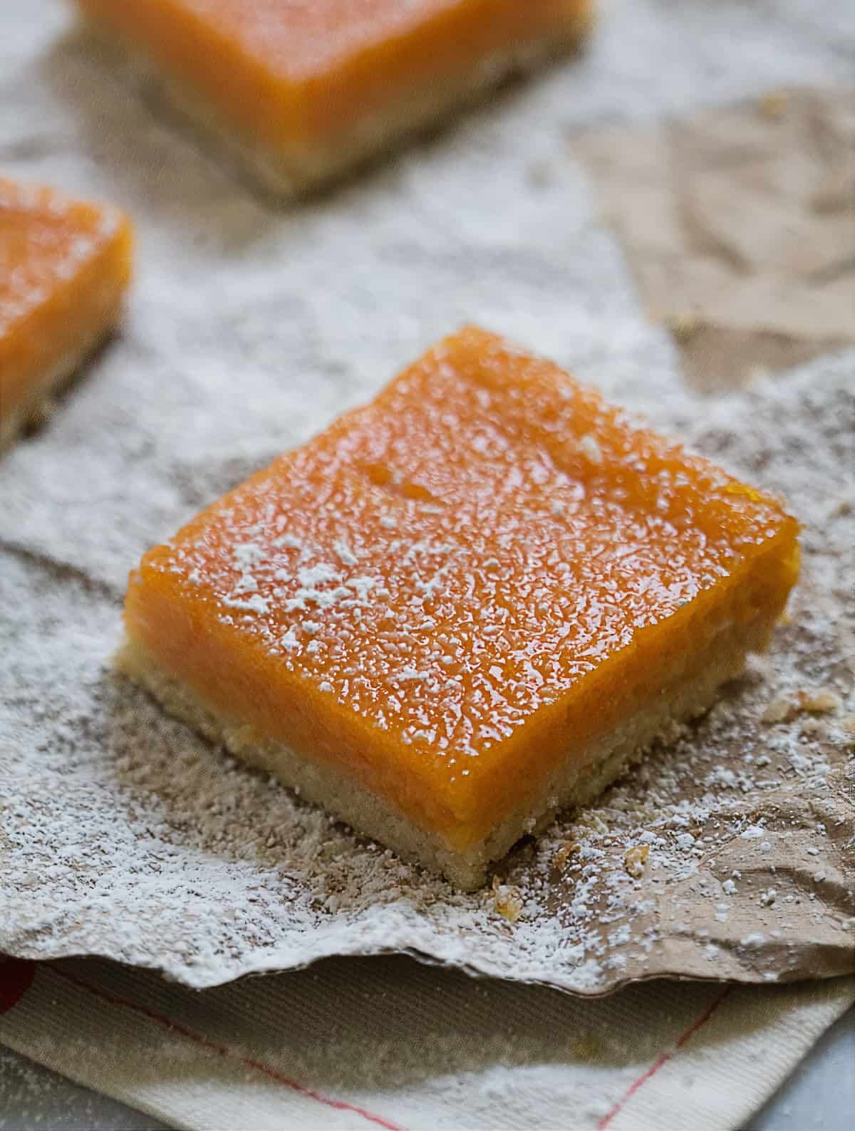Papaya Bars dusted with powdered sugar.