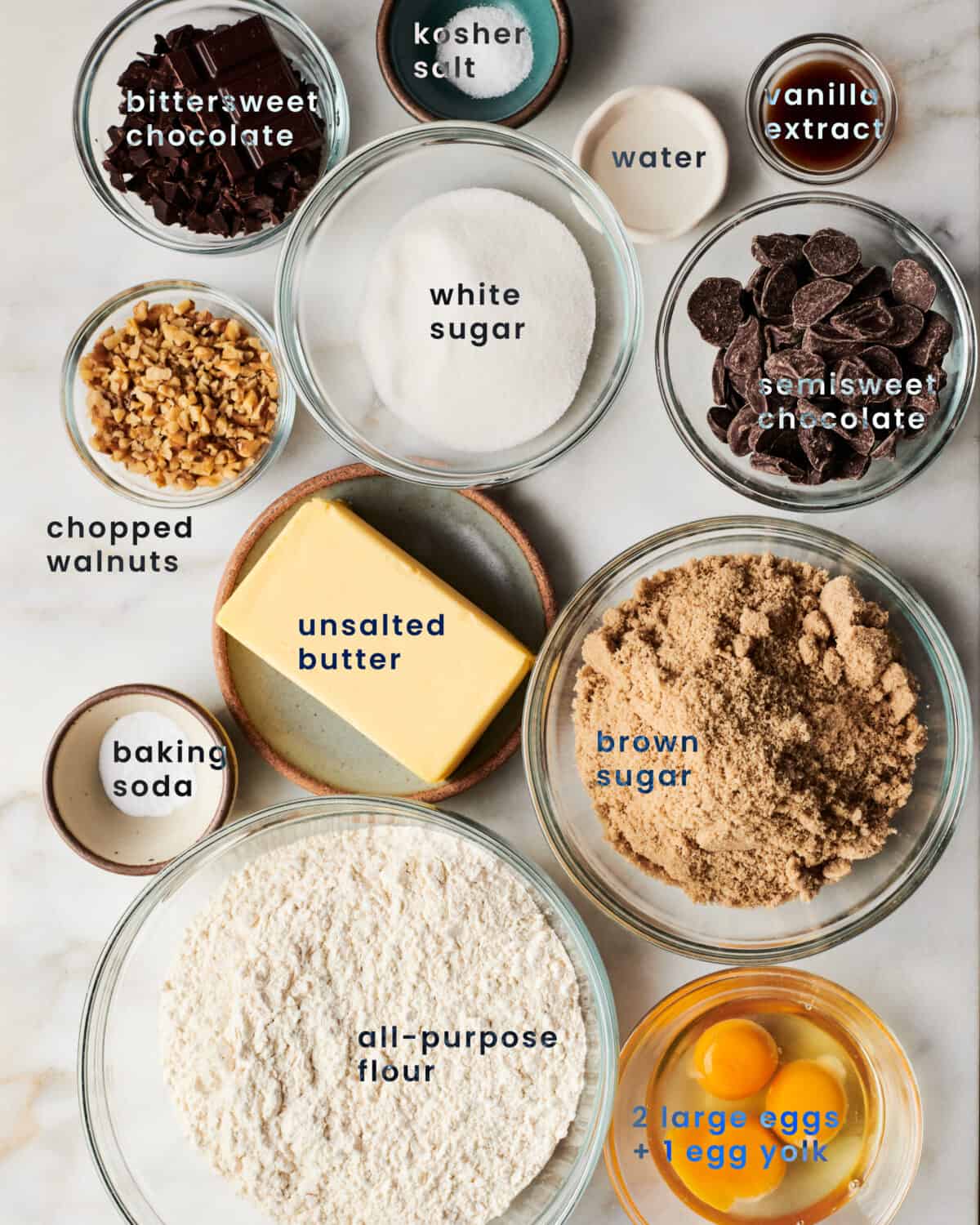 Ingredients for brown butter chocolate chip cookies. 