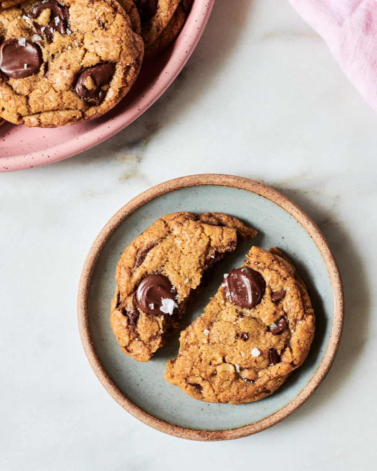 Brown butter chocolate chip cookie on a plate.