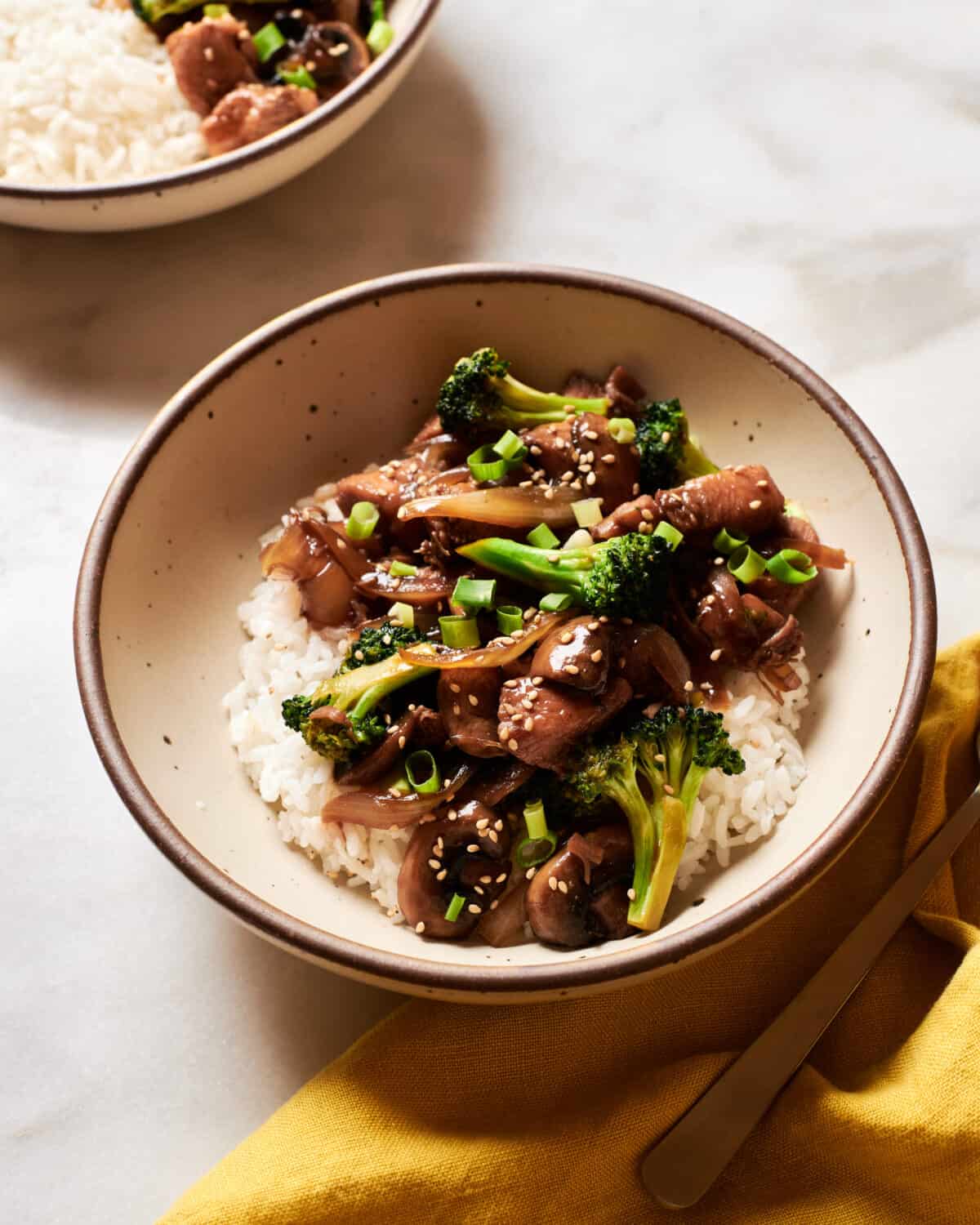 Teriyaki Chicken in bowl with rice and broccoli. 