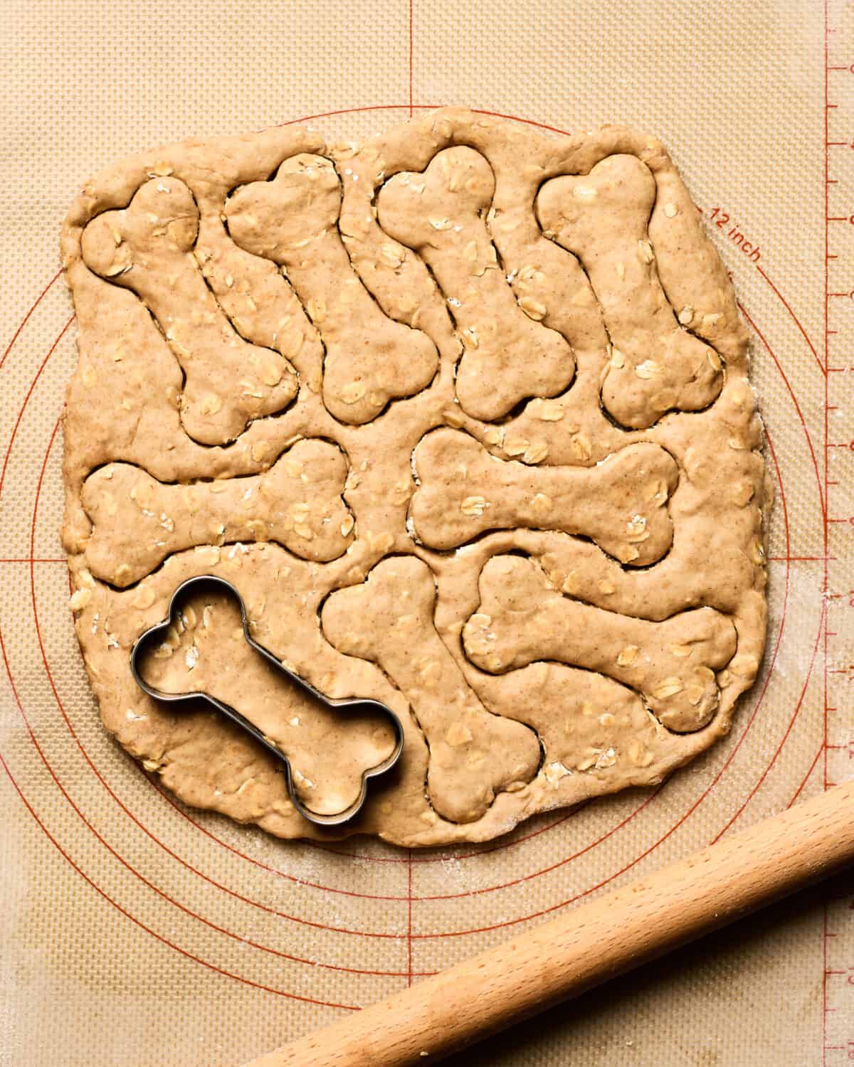 Dog treats being cut out with bone cookie cutter. 