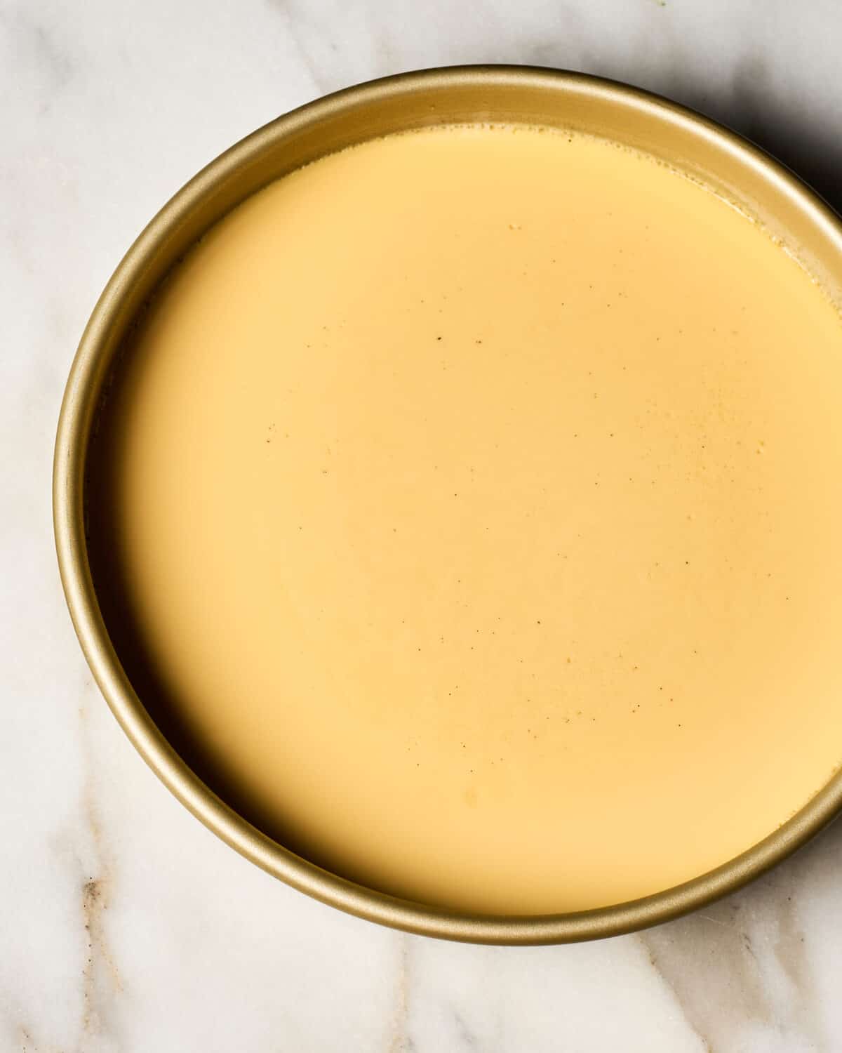 Flan in a pan after it's baked. 