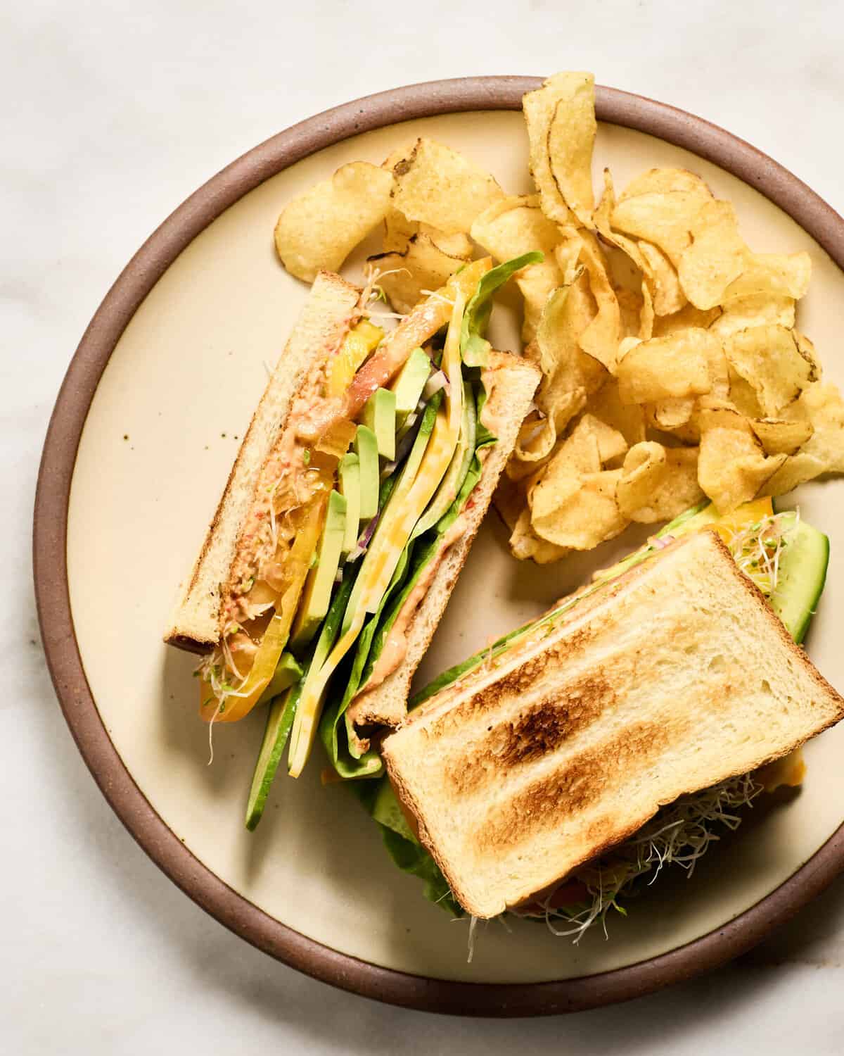 Veggie Sandwich on a plate with chips. 