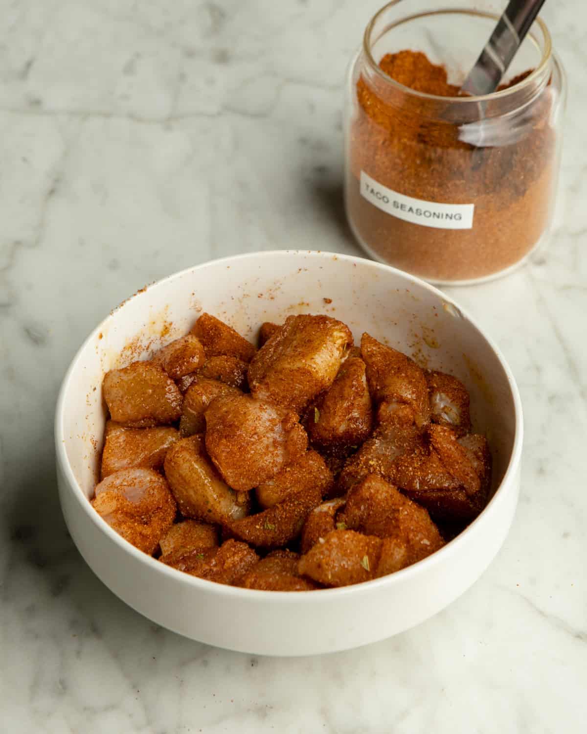 Taco seasoning tossed in chicken. 