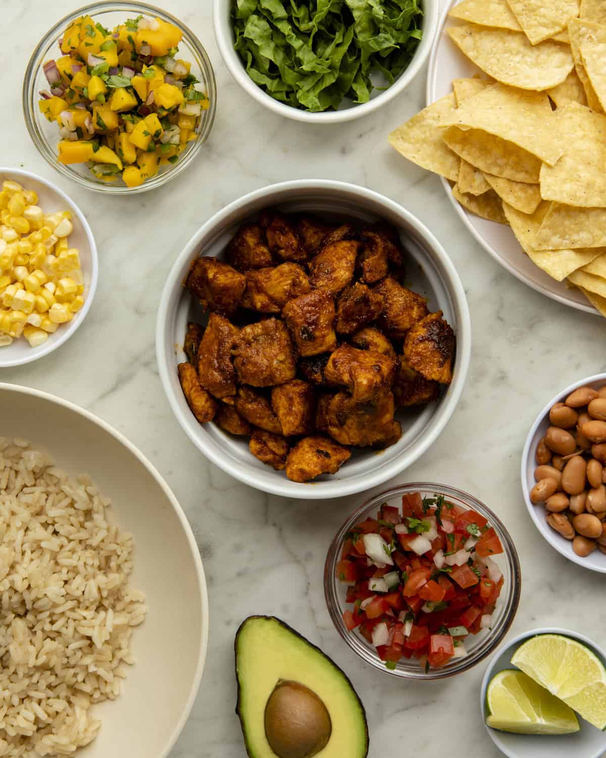 All of the items for chicken burrito bowl. 