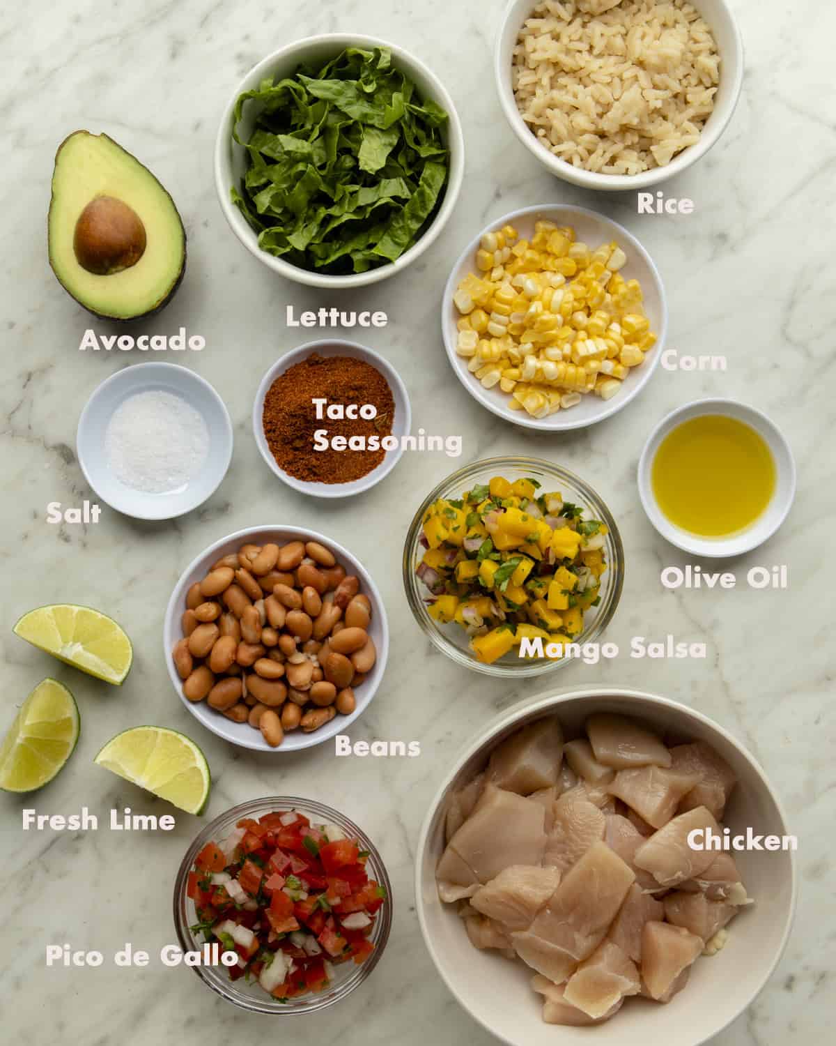 Ingredients for chicken burrito bowls. 