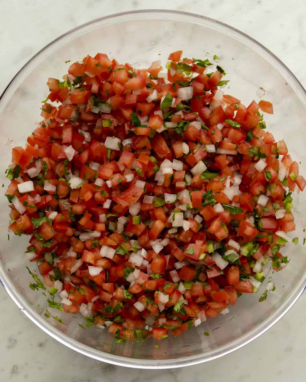 Pico de Gallo in mixing bowl. 