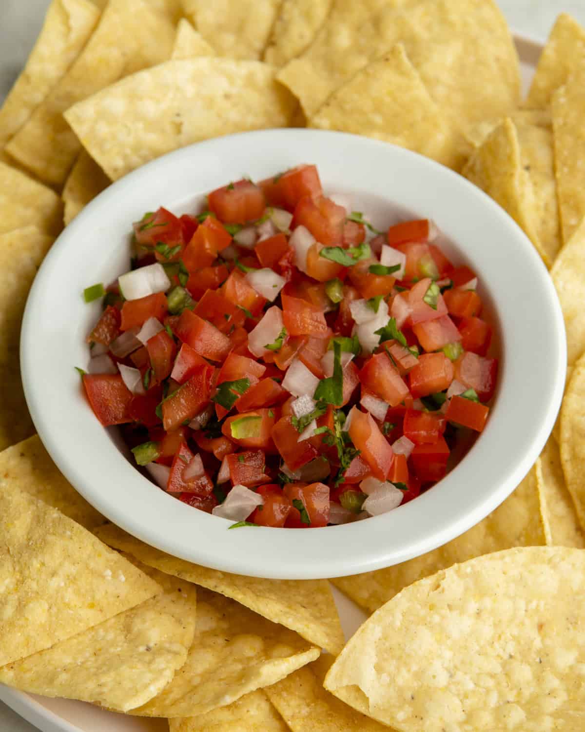 Pico de Gallo in bowl with chips. 