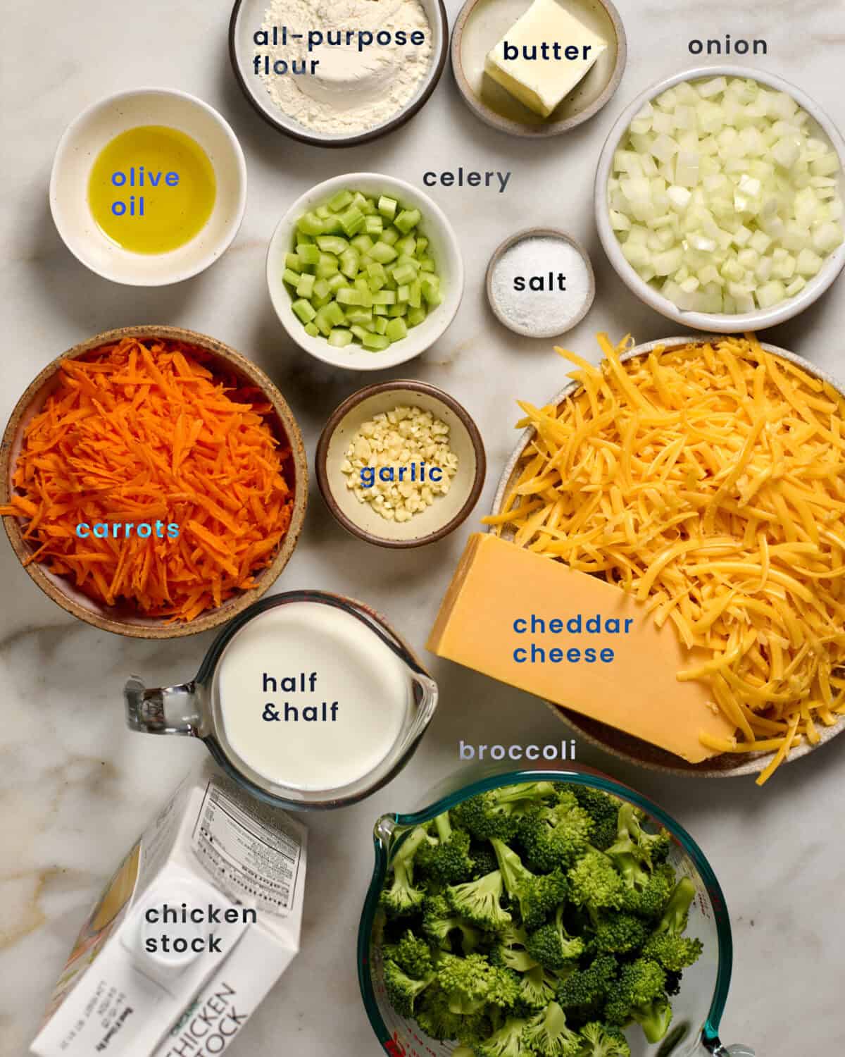 Ingredients for Broccoli Cheddar Soup.