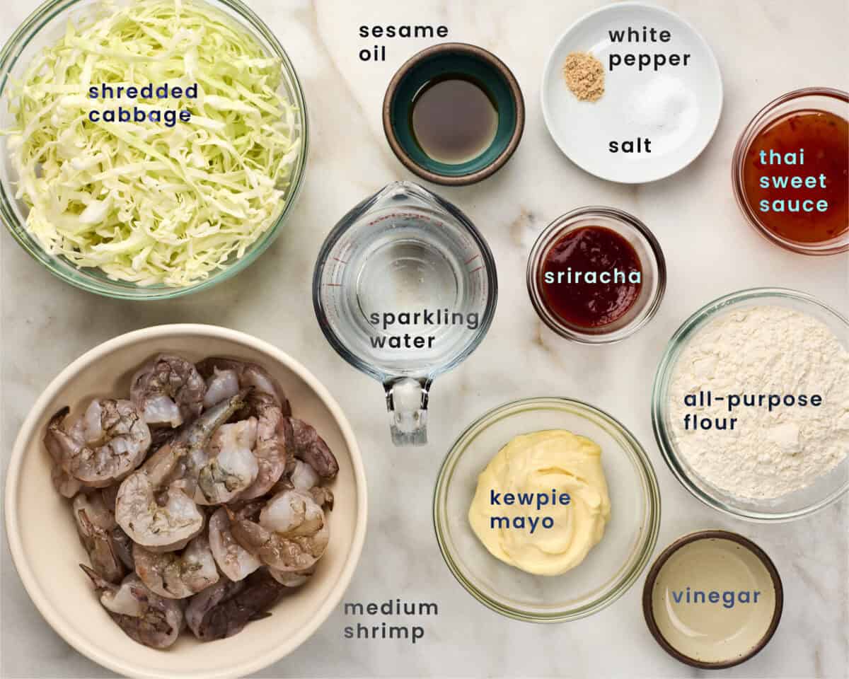 Ingredients in bowls for bang bang shrimp. 