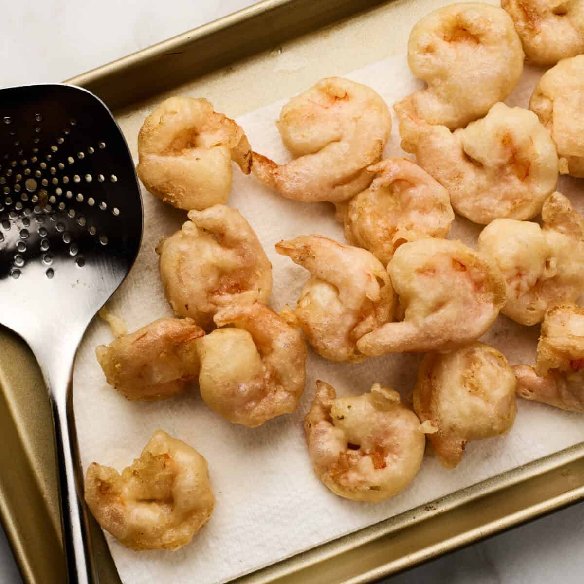 Shrimp fried on a baking sheet. 