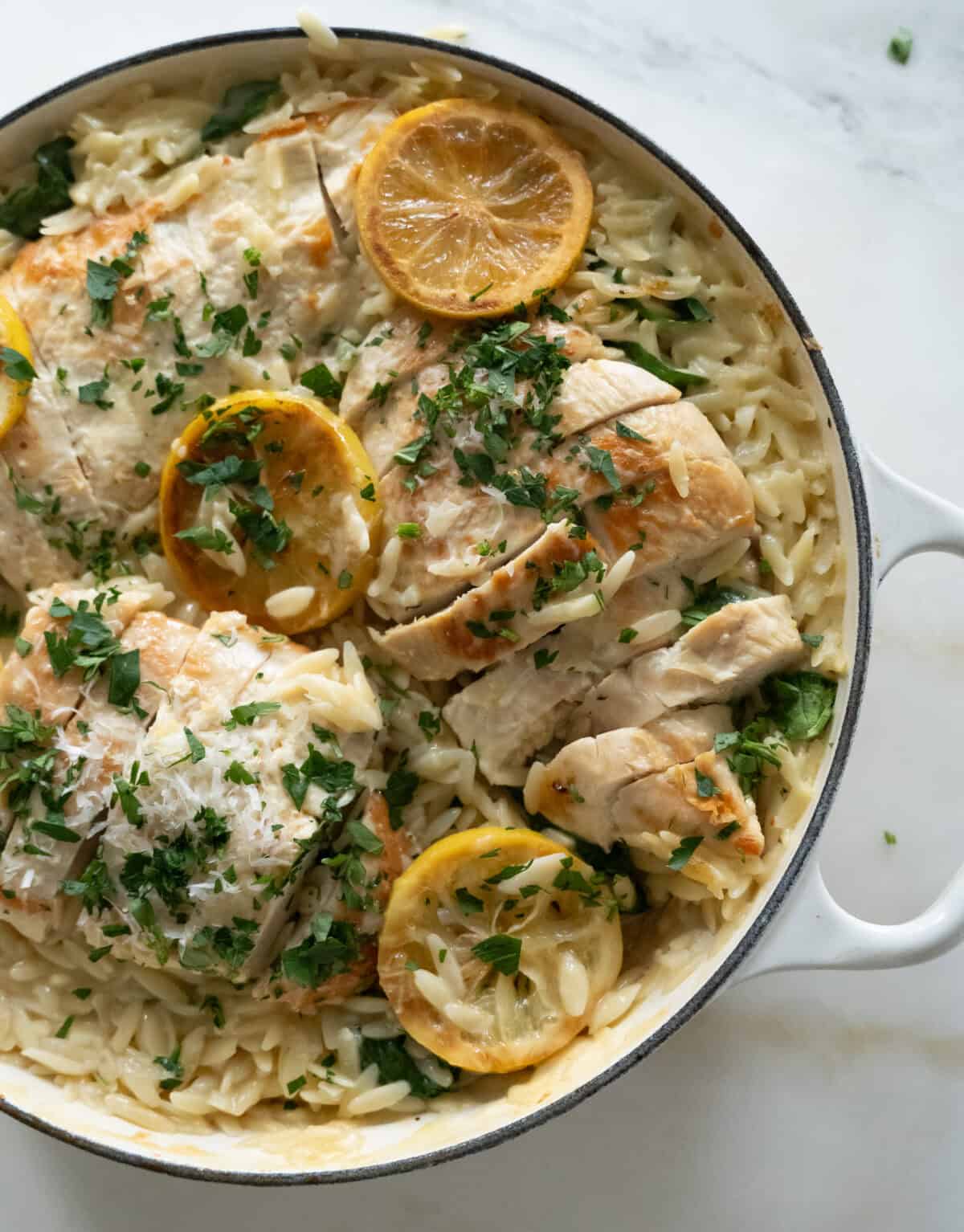 One-Pan Chicken Orzo in skillet.