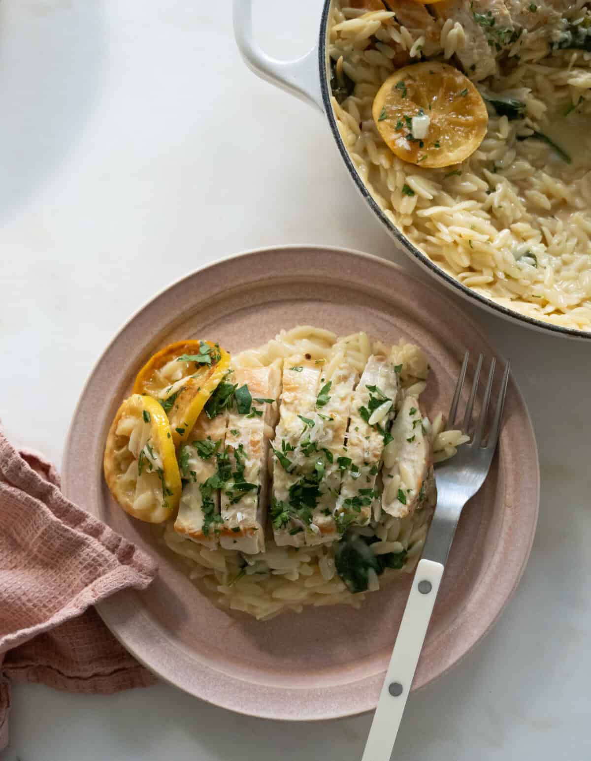 One-Pan Chicken Orzo in a skillet. 