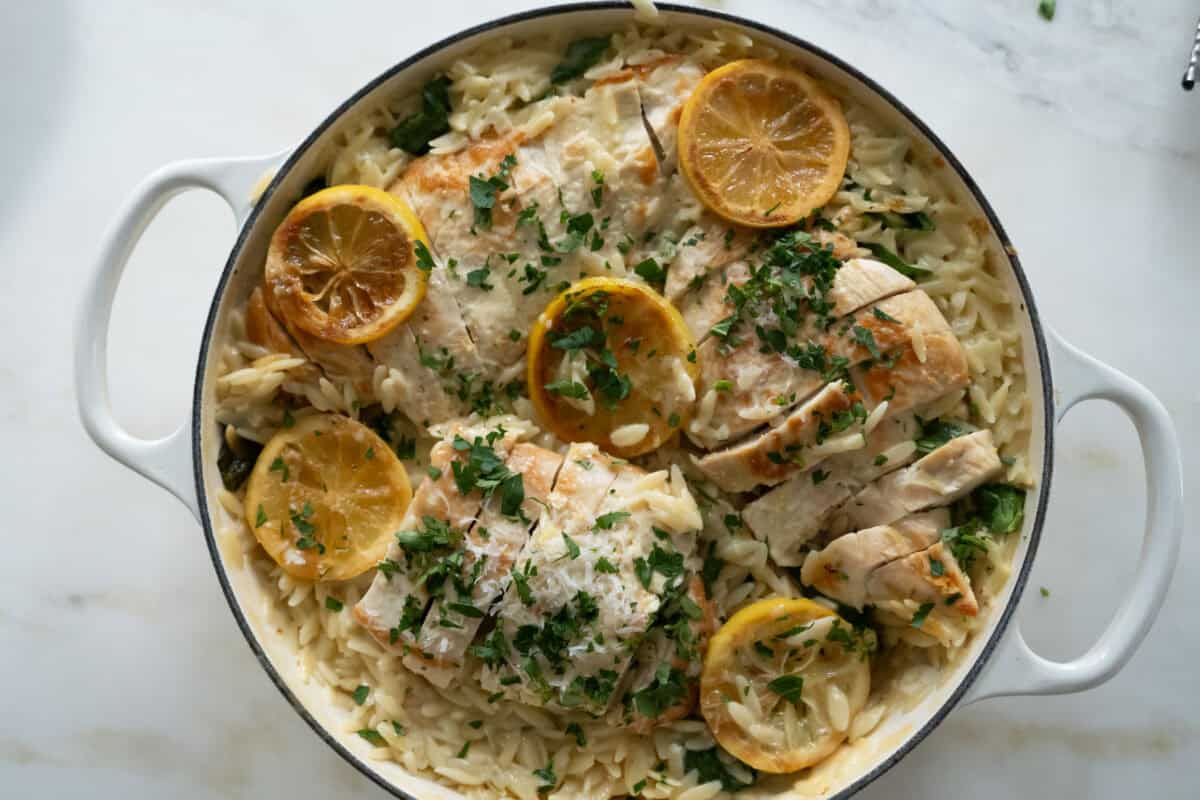 One-Pan Chicken Orzo in a skillet. 