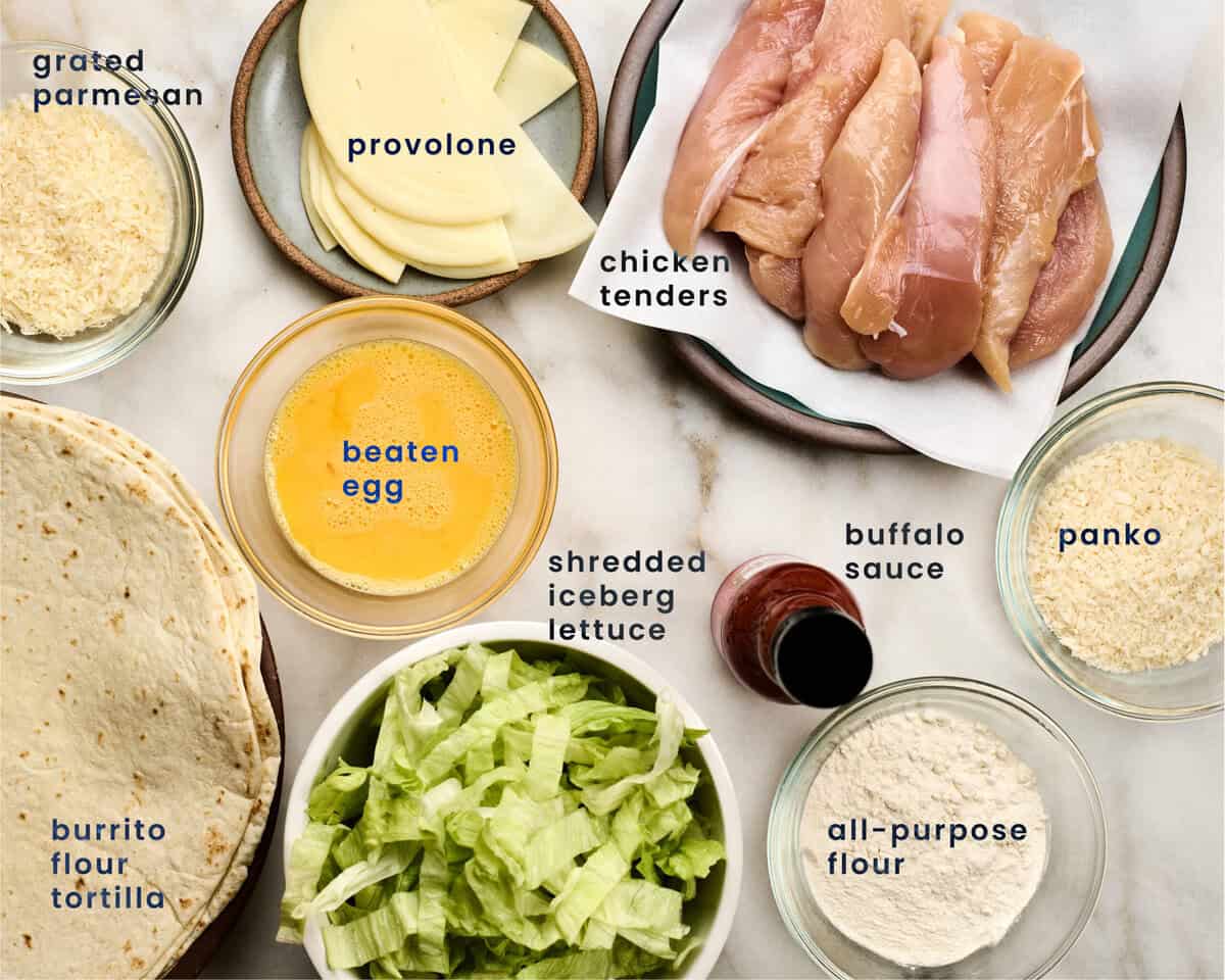 Ingredients all sorted out for Buffalo Chicken Wrap. 