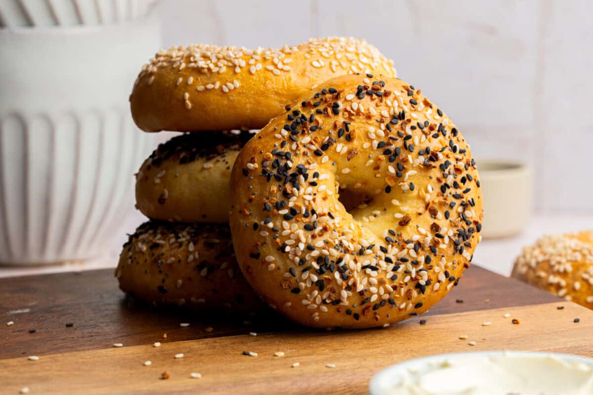 Protein Bagels on a cutting board.