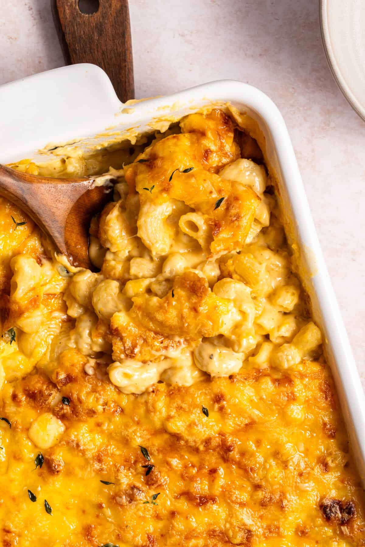 Creamy baked macaroni and cheese on counter.