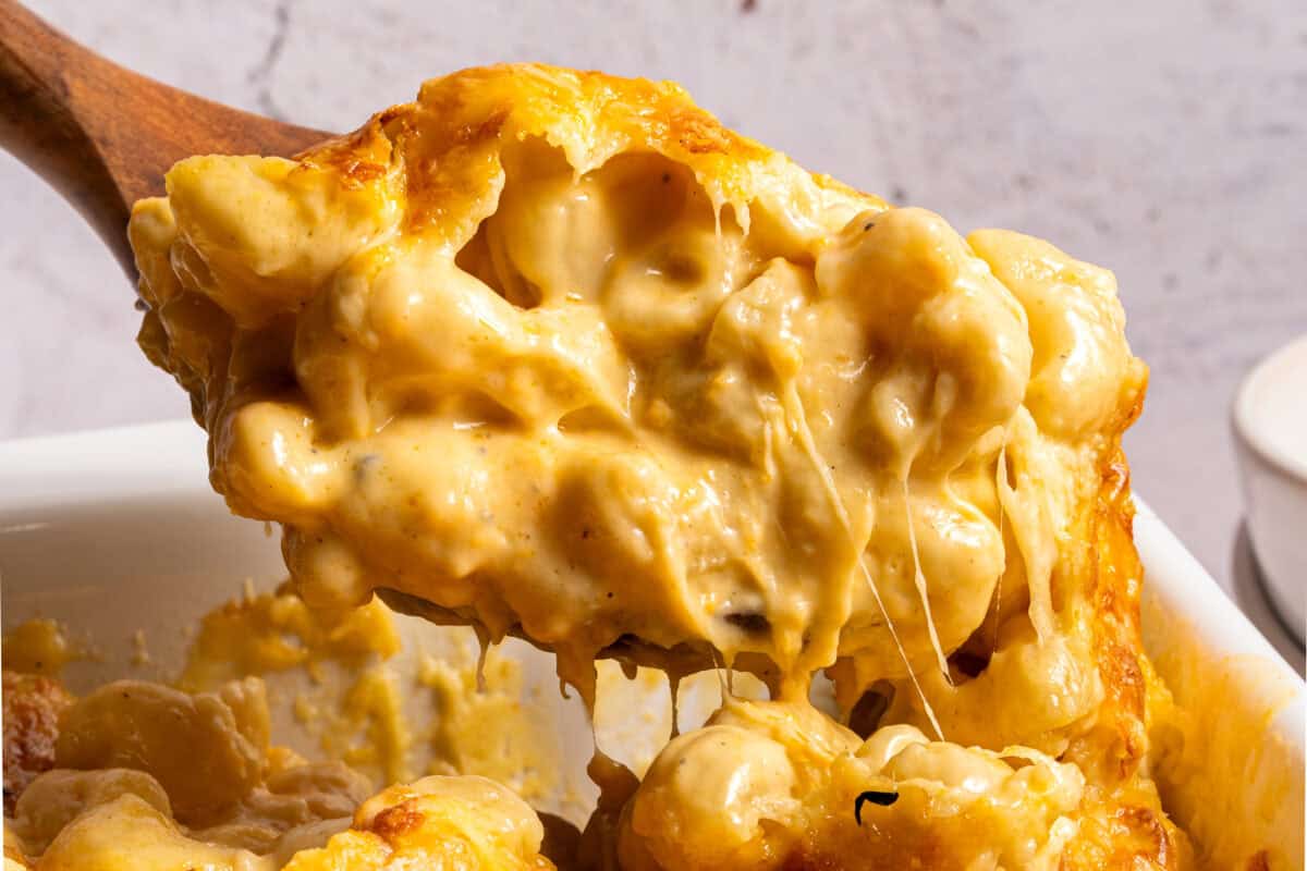 Spoonful of creamy baked macaroni and cheese.