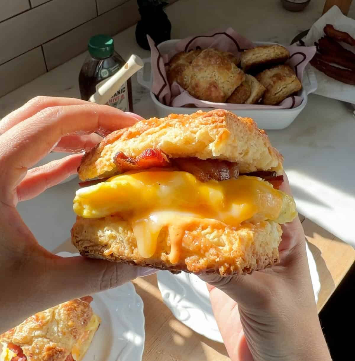Hands holding Breakfast Biscuit Sandwich.