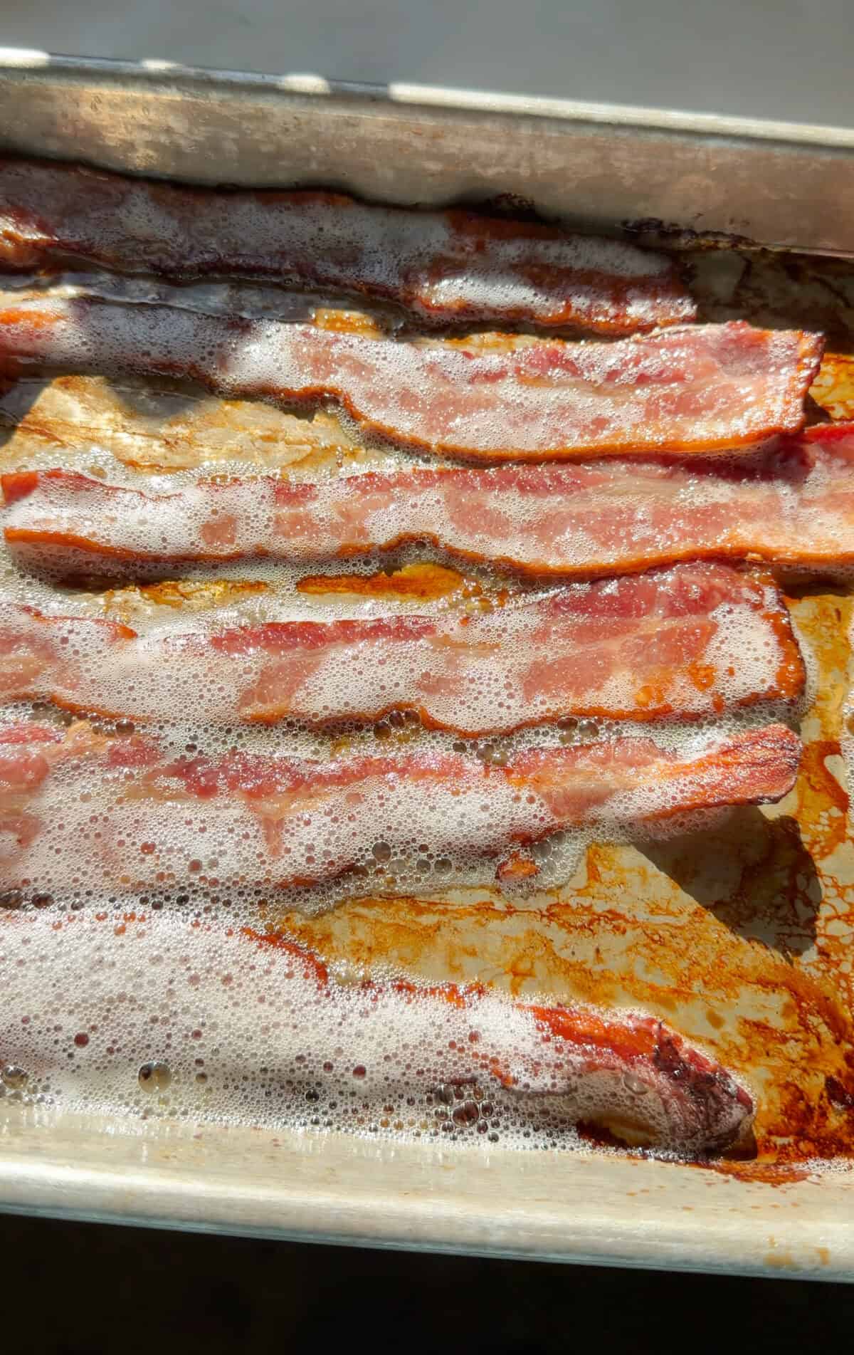 Bacon on sheet tray.