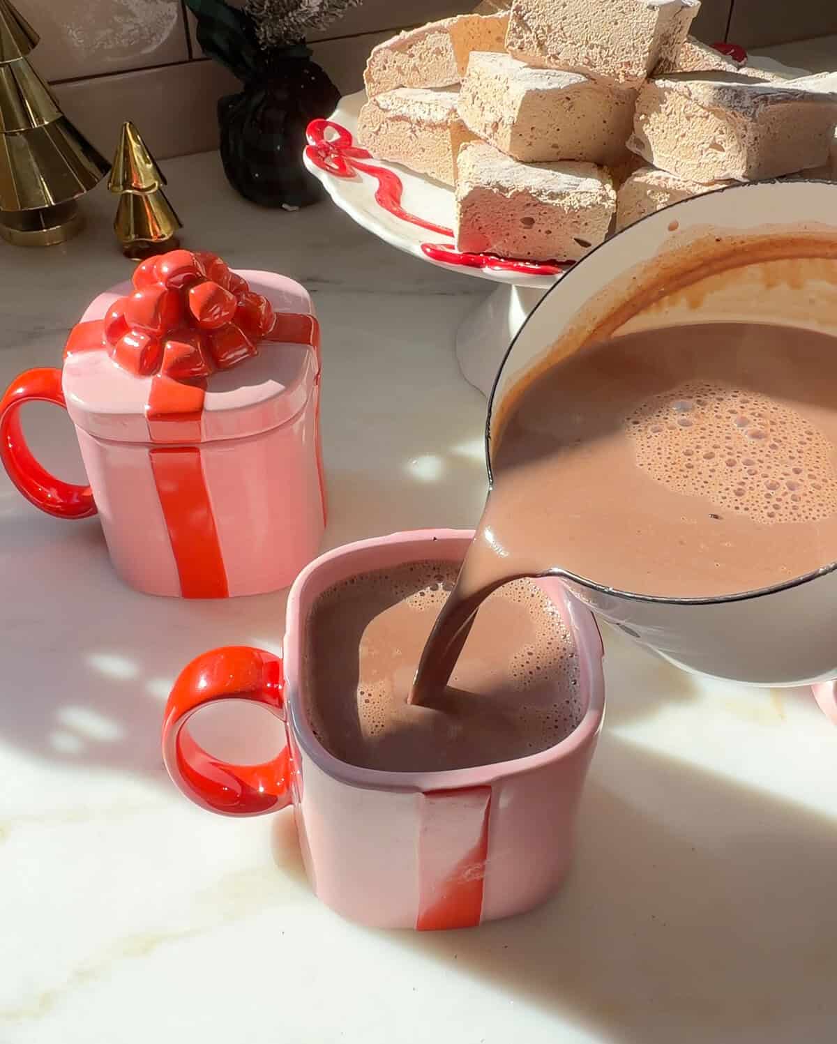 Homemade hot chocolate pouring into mug.
