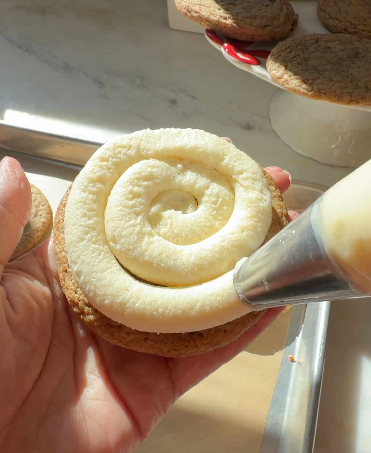 Mascarpone cream being piped onto cookie.