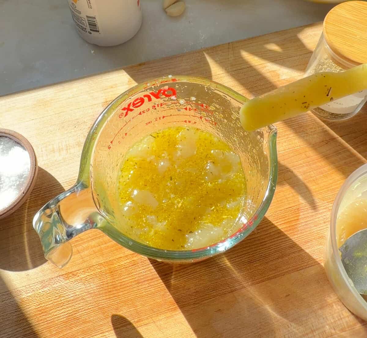 Chicken broth mixture for Greek Lemon Potatoes.