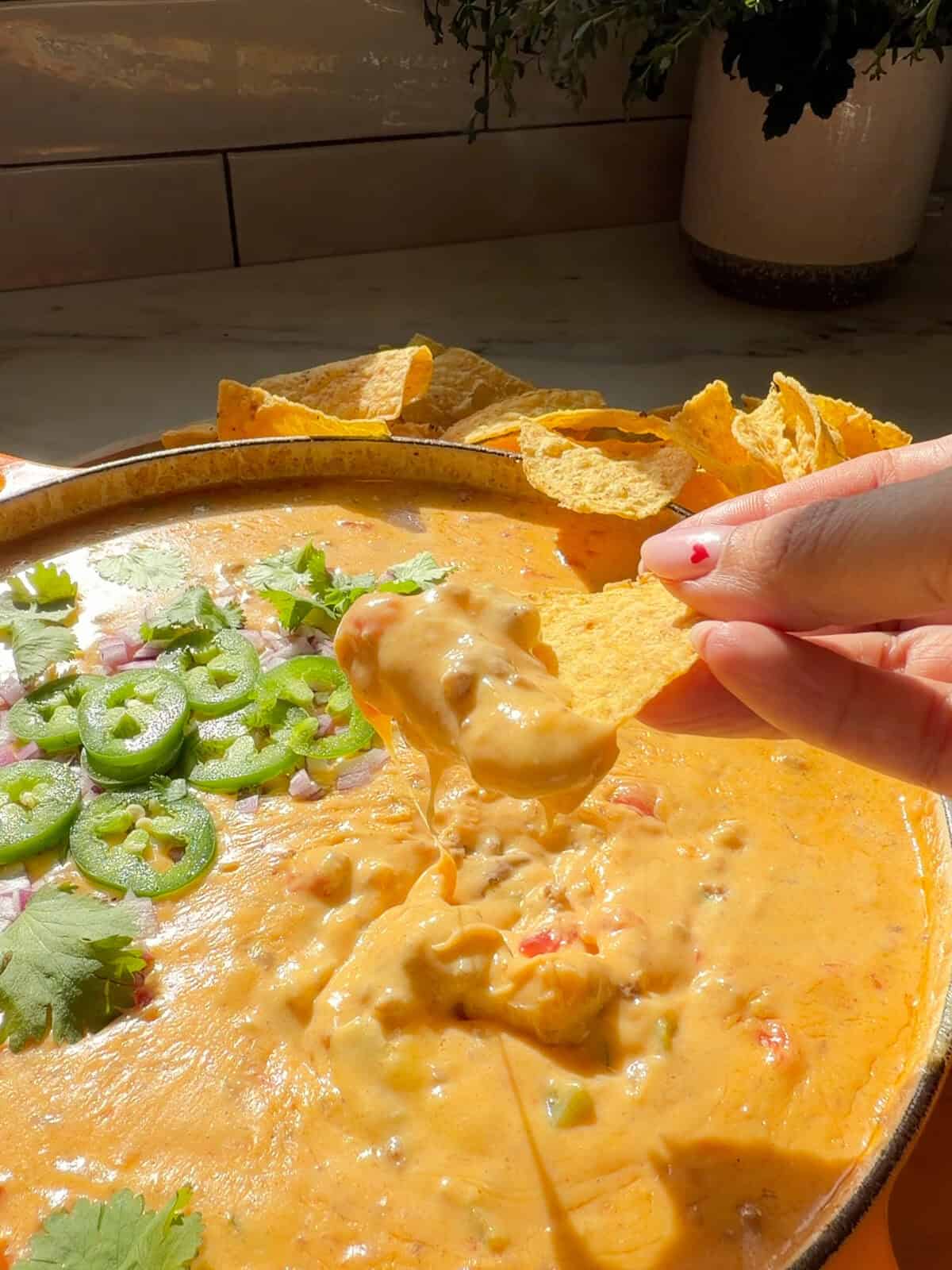 Hand scooping rotel dip with chip.