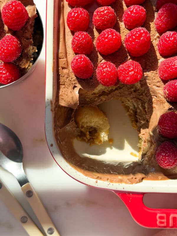 Chocolate Raspberry Tiramisu with portion scooped into bowl.