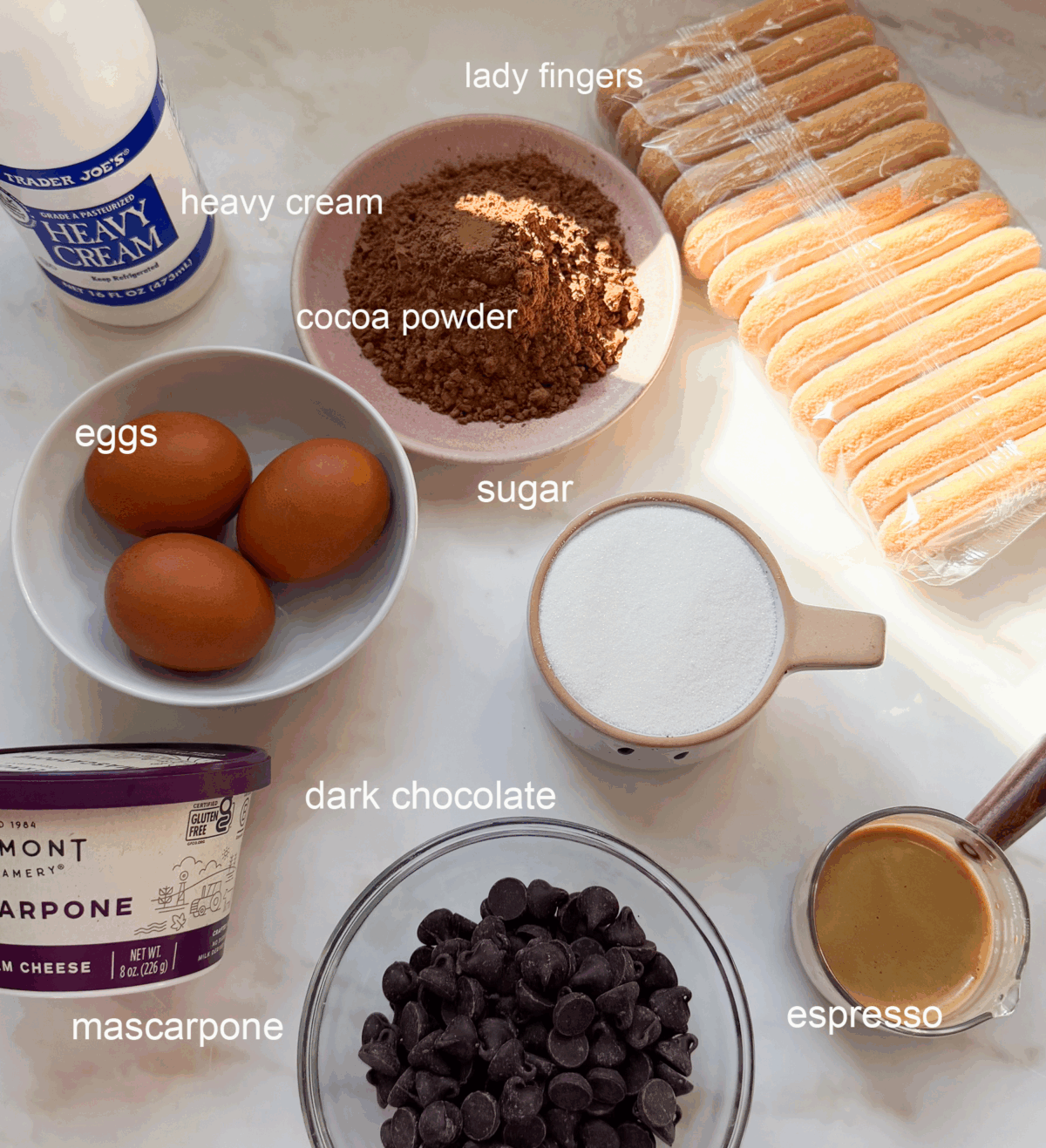 Chocolate Raspberry Tiramisu ingredients.
